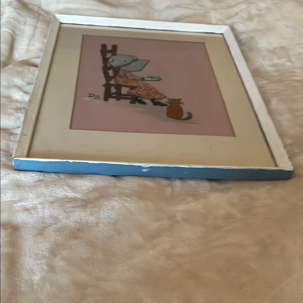 Vintage Holly Hobby style hand embroidered art girl with cat in pinks and blue - Picture 5 of 10
